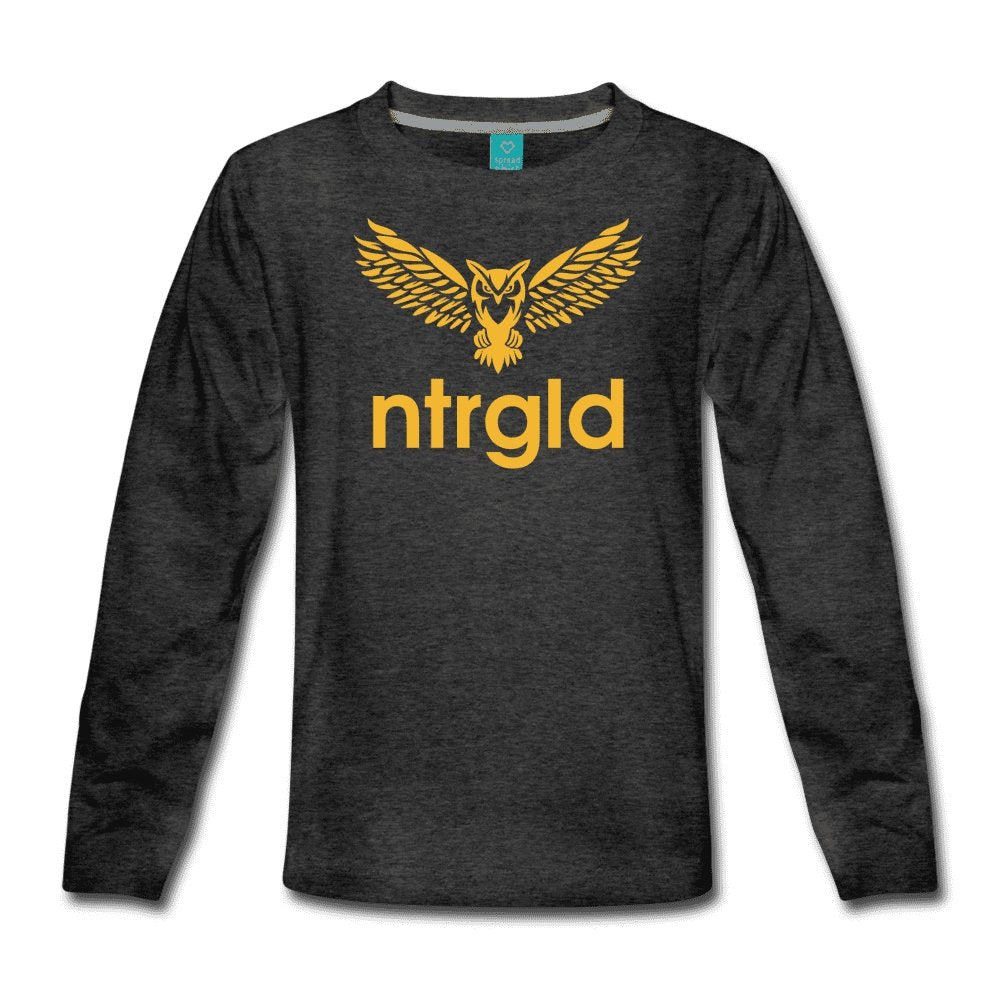 Kids' Premium Long Sleeve T-Shirt NEBU OWL - Kids' Premium Long Sleeve T-Shirt - Neter Gold - charcoal gray / Youth XS - NTRGLD